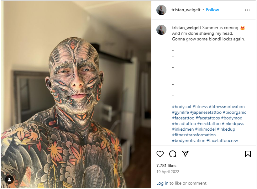 An addict to tattoos covers 95% of his body and shows what he looked like five years ago.