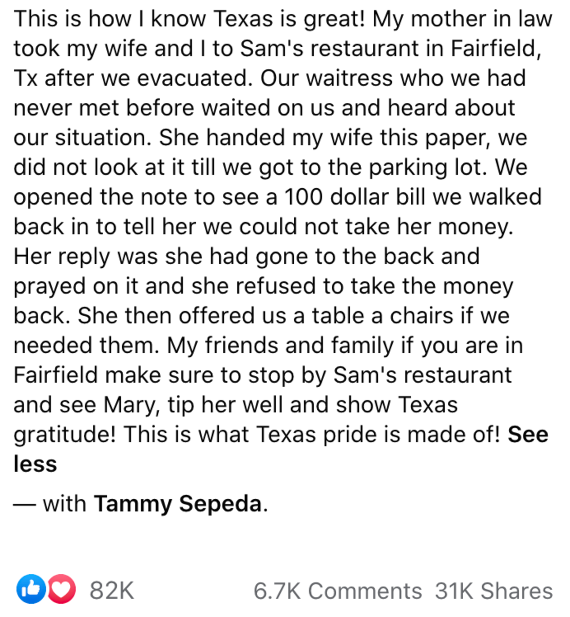 Server Slips Texan Couple Note, They Don’t Read It Until After Leaving Restaurant